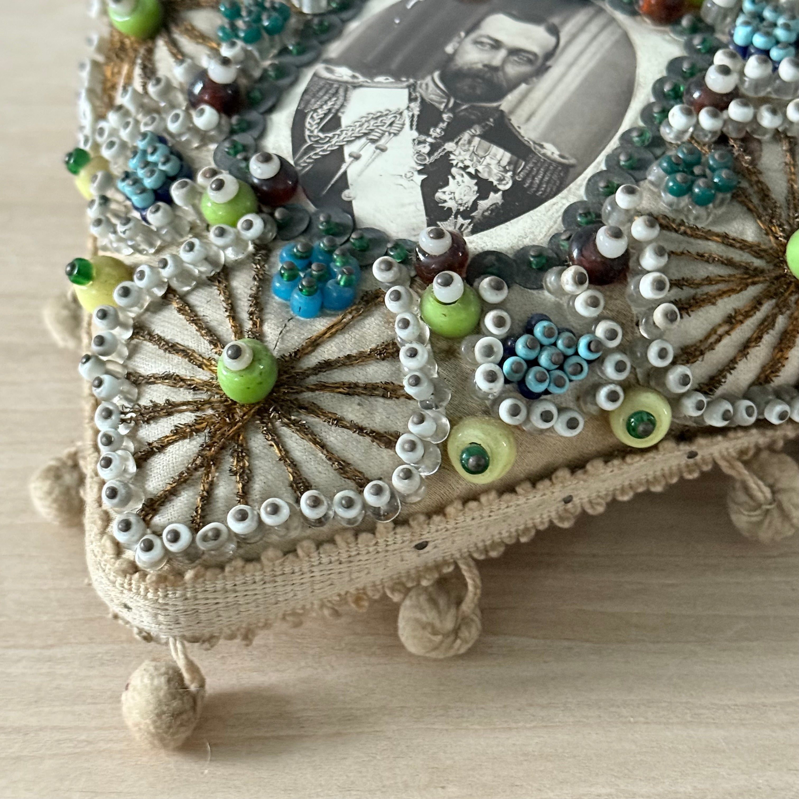 WWI Sweetheart Beaded Heart Pin Cushion with Portrait of Tsar Nicholas II