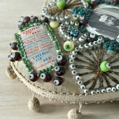 WWI Sweetheart Beaded Heart Pin Cushion with Portrait of Tsar Nicholas II