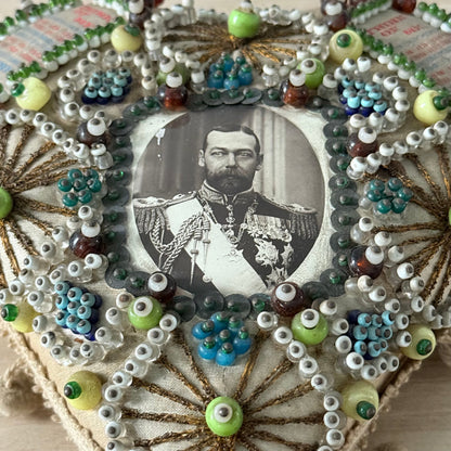 WWI Sweetheart Beaded Heart Pin Cushion with Portrait of Tsar Nicholas II