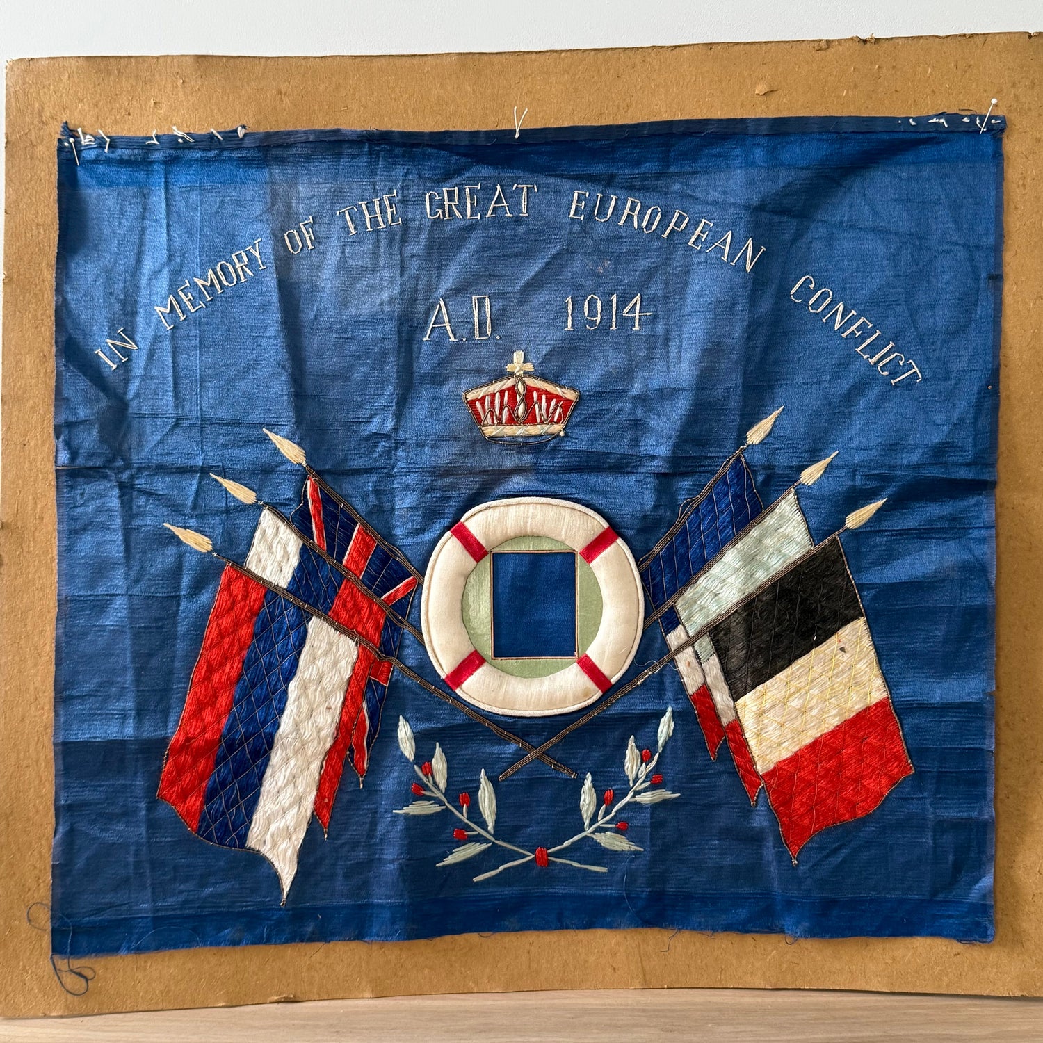 WWI Commemorative Embroidered Silk Panel A.D. 1914 Great European Conflict