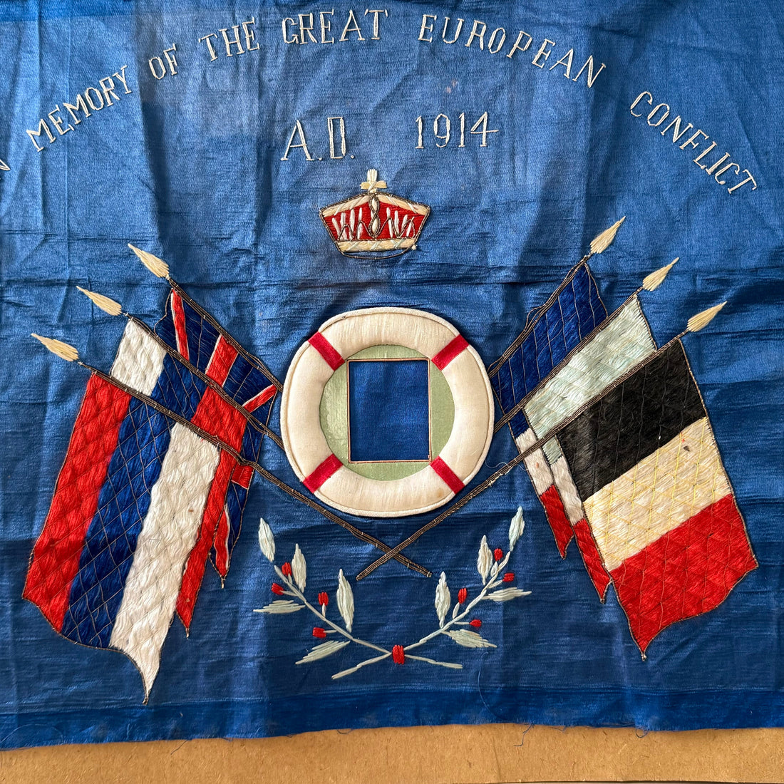 WWI Commemorative Embroidered Silk Panel A.D. 1914 Great European Conflict