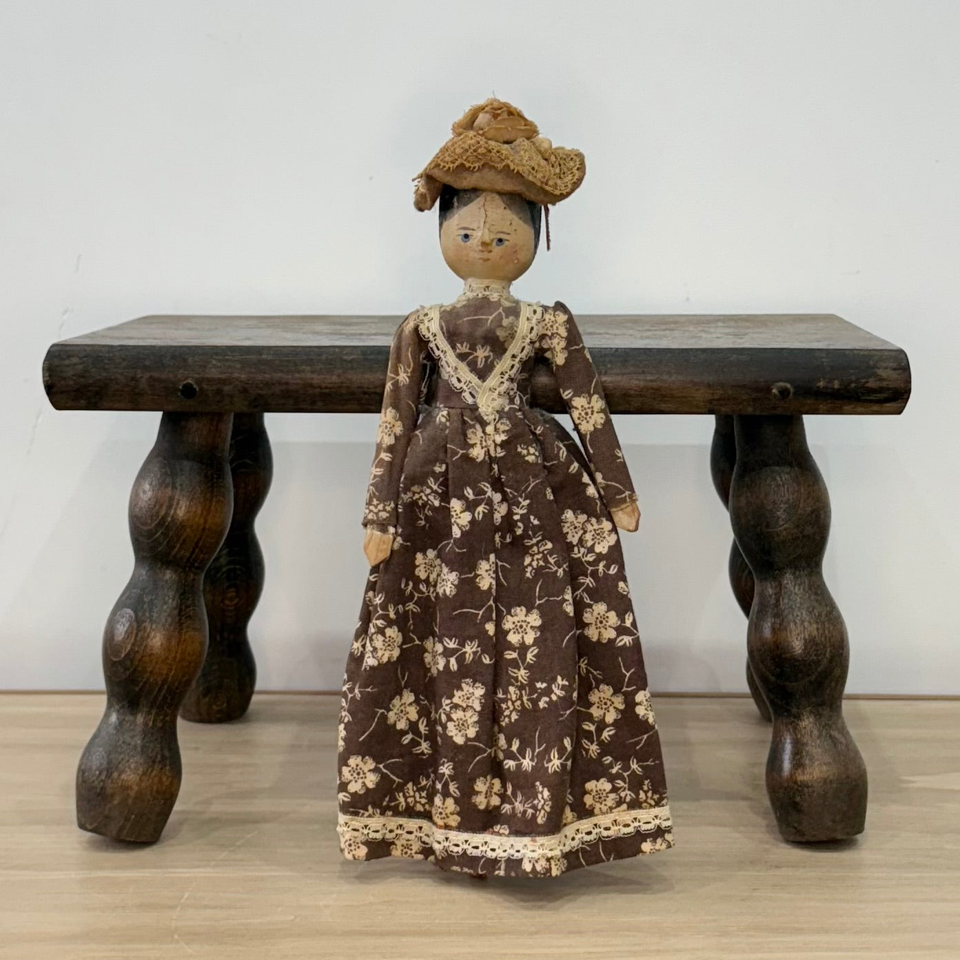 Late 19th Century Wooden Head Doll Original Dress Bonnet Folk Art 26cm