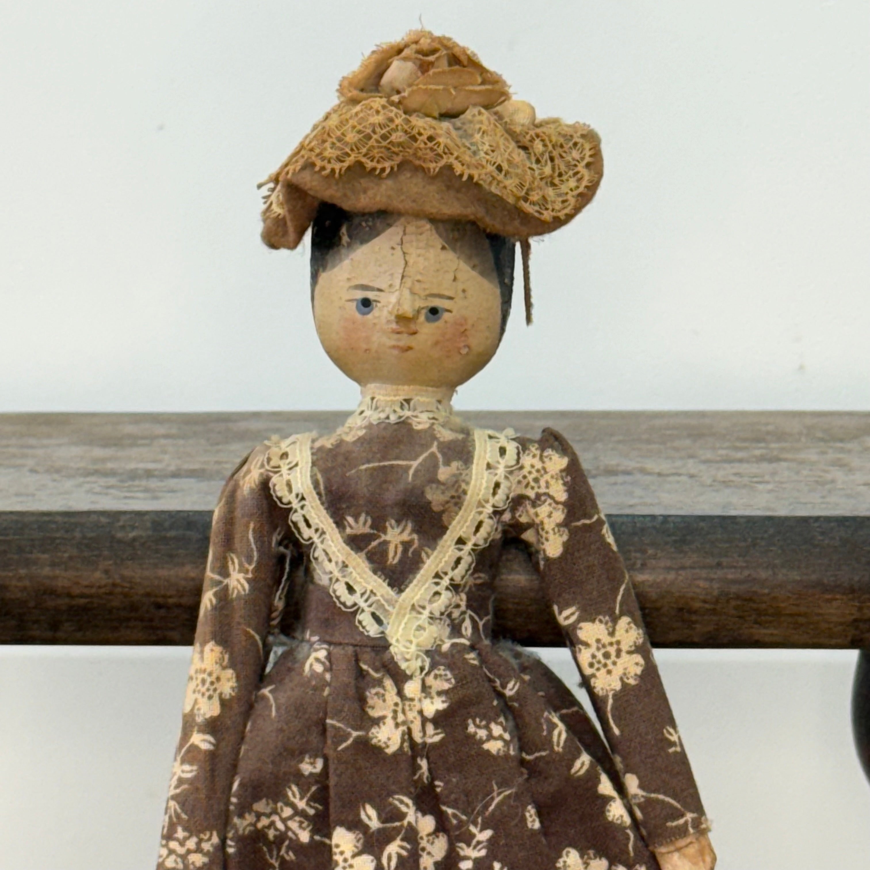 Late 19th Century Wooden Head Doll Original Dress Bonnet Folk Art 26cm