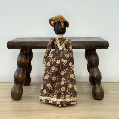 Late 19th Century Wooden Head Doll Original Dress Bonnet Folk Art 26cm