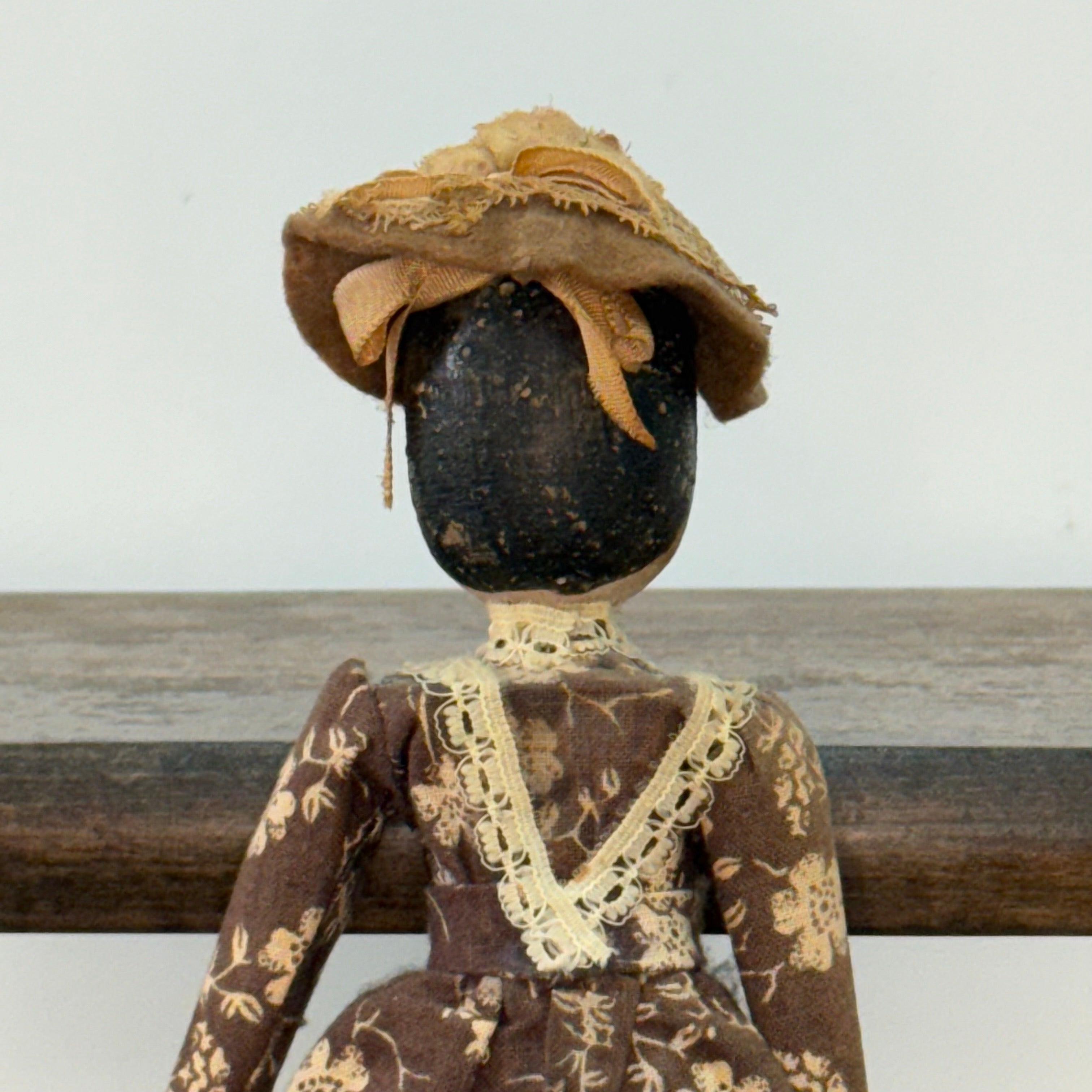 Late 19th Century Wooden Head Doll Original Dress Bonnet Folk Art 26cm