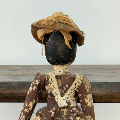 Late 19th Century Wooden Head Doll Original Dress Bonnet Folk Art 26cm