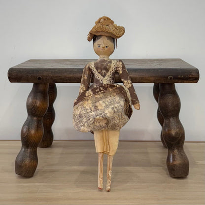 Late 19th Century Wooden Head Doll Original Dress Bonnet Folk Art 26cm