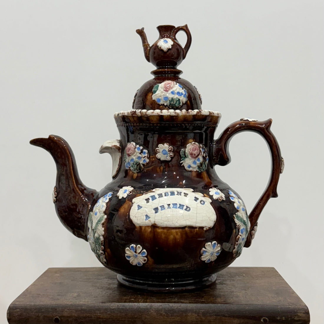 Victorian Relief Moulded Teapot A Present to a Friend Brown Glazed Pottery