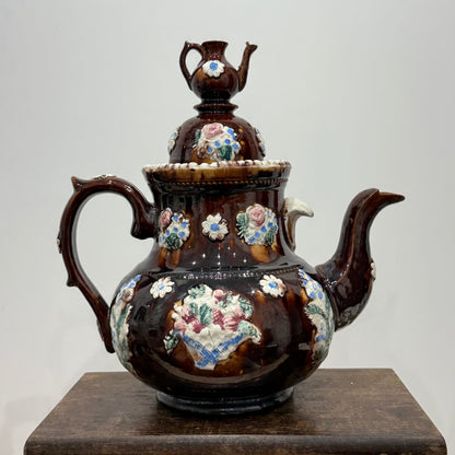 Victorian Relief Moulded Teapot A Present to a Friend Brown Glazed Pottery