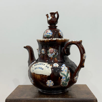 Victorian Relief Moulded Teapot A Present to a Friend Brown Glazed Pottery
