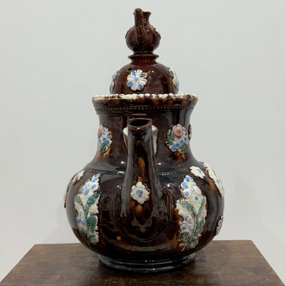 Victorian Relief Moulded Teapot A Present to a Friend Brown Glazed Pottery