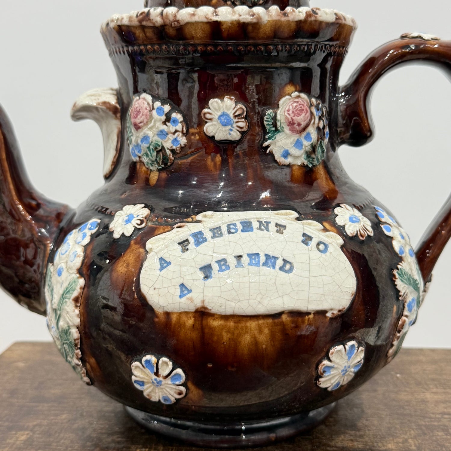 Victorian Relief Moulded Teapot A Present to a Friend Brown Glazed Pottery