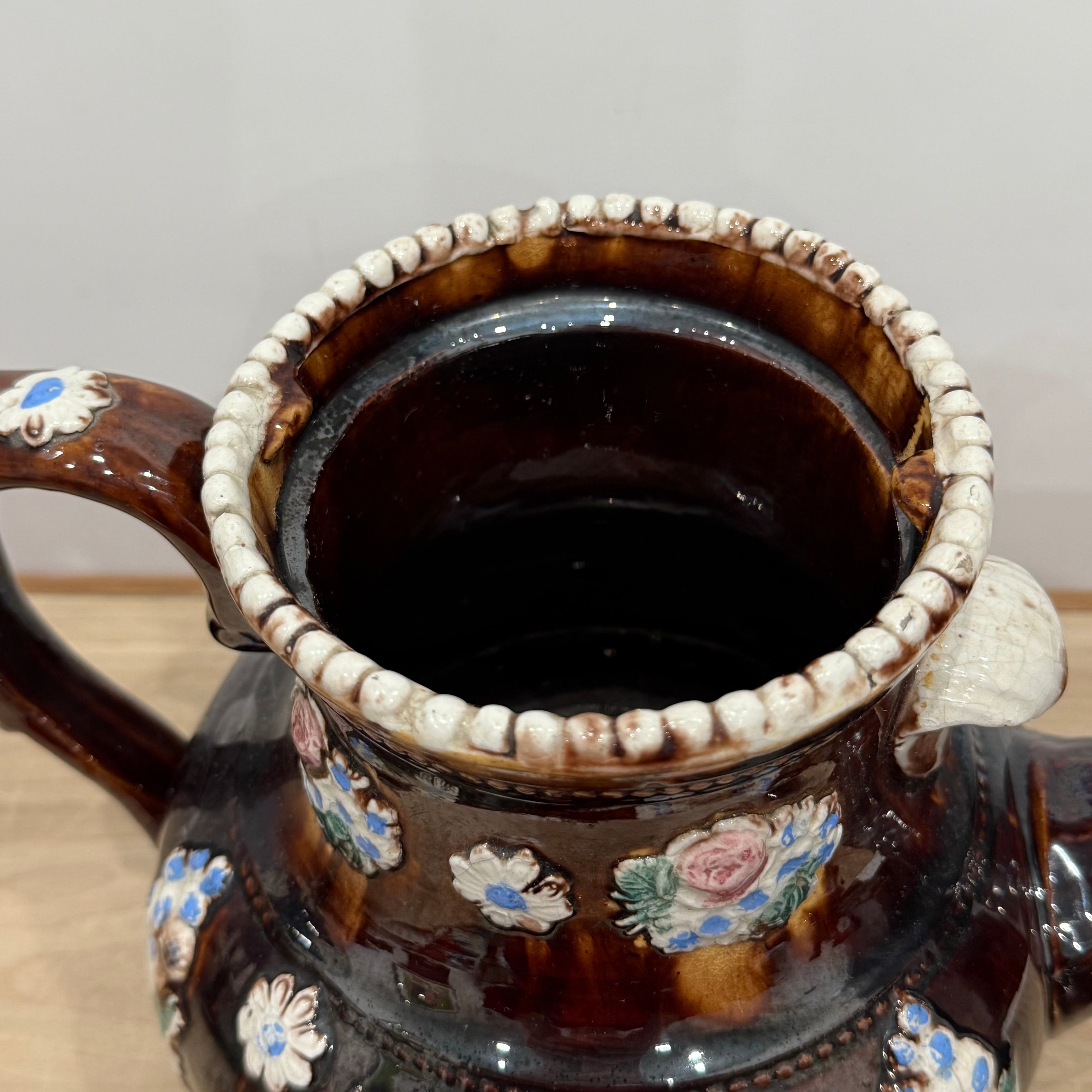 Victorian Relief Moulded Teapot A Present to a Friend Brown Glazed Pottery