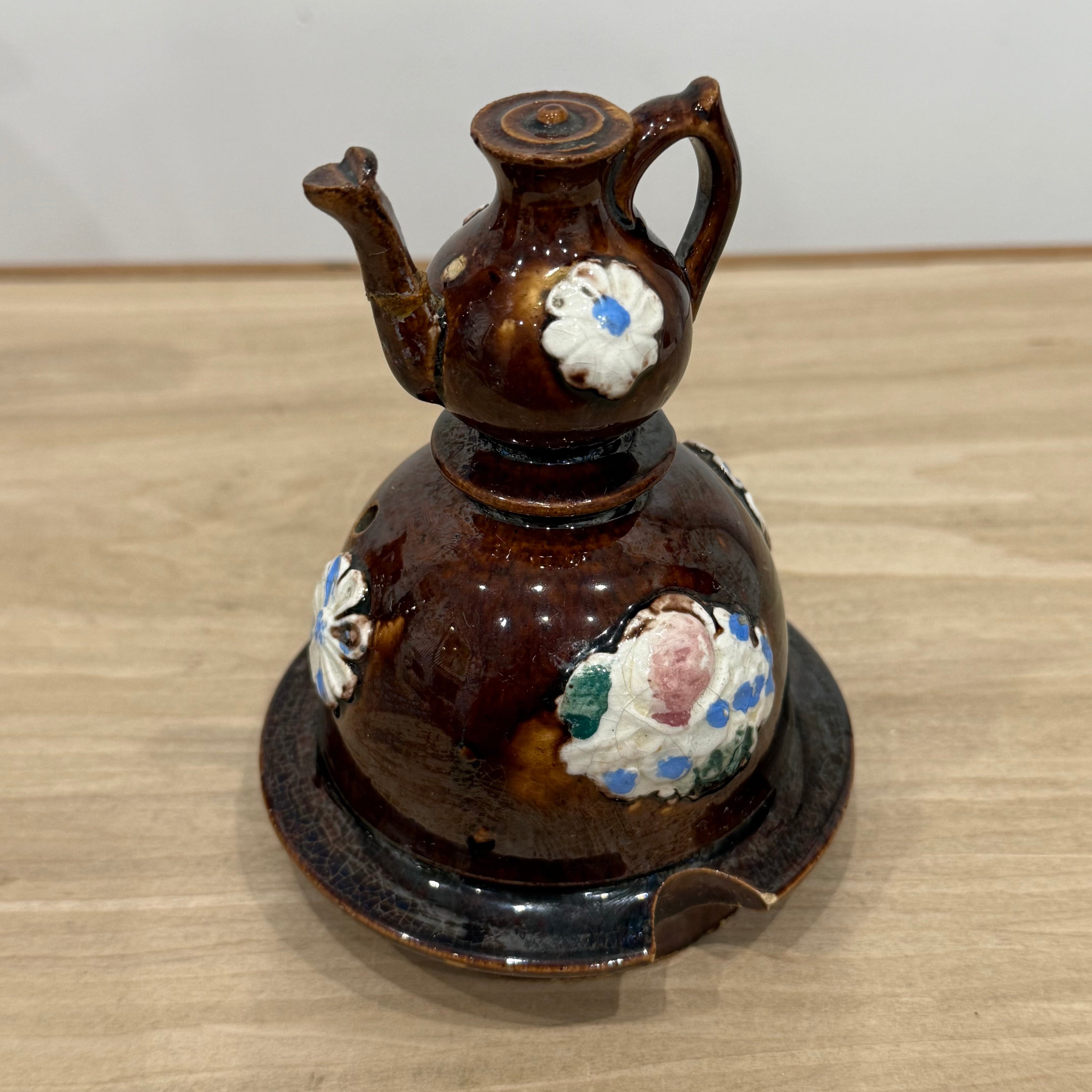 Victorian Relief Moulded Teapot A Present to a Friend Brown Glazed Pottery