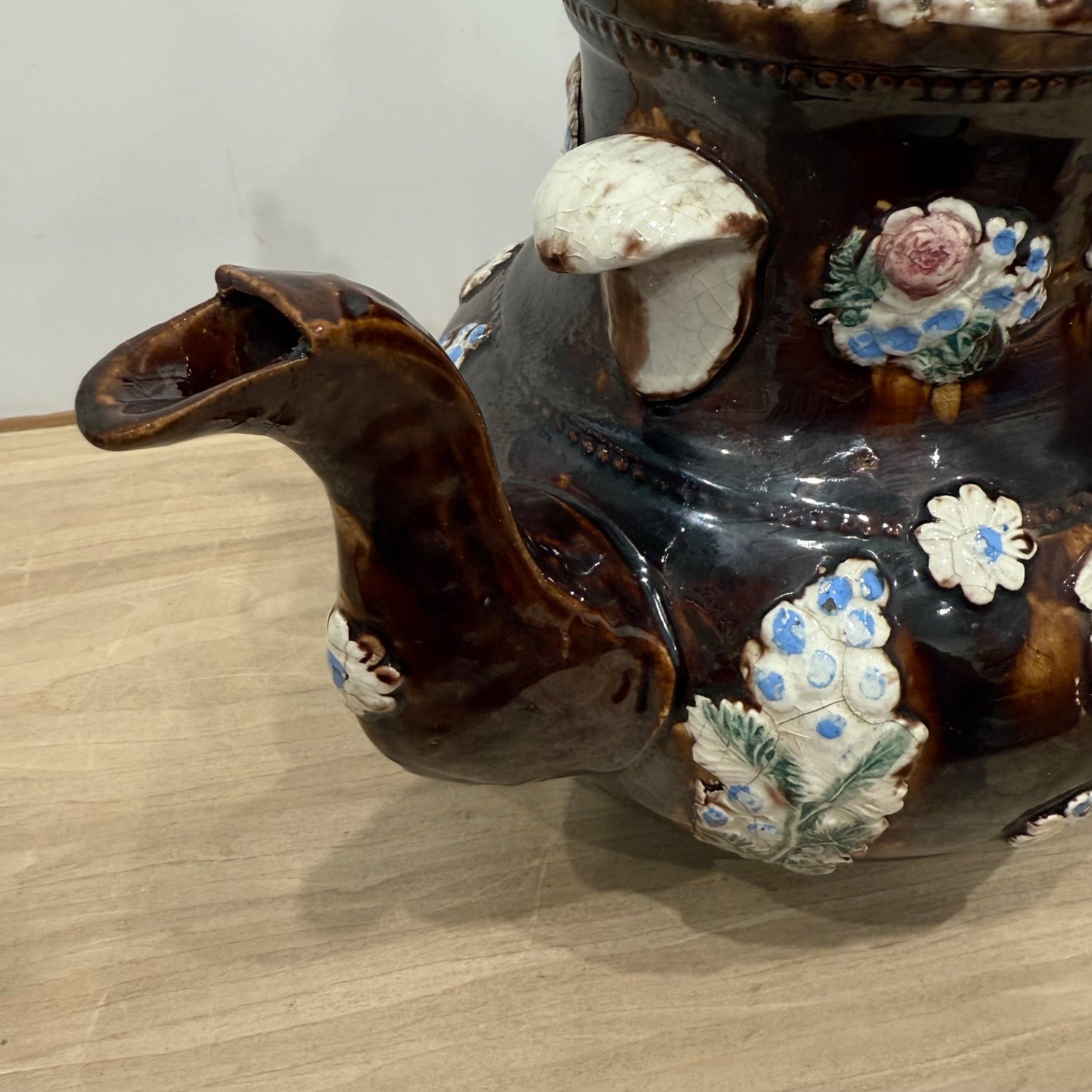 Victorian Relief Moulded Teapot A Present to a Friend Brown Glazed Pottery