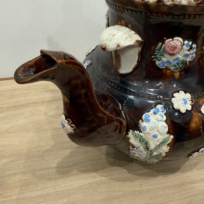 Victorian Relief Moulded Teapot A Present to a Friend Brown Glazed Pottery