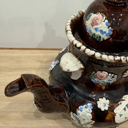 Victorian Relief Moulded Teapot A Present to a Friend Brown Glazed Pottery