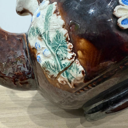 Victorian Relief Moulded Teapot A Present to a Friend Brown Glazed Pottery