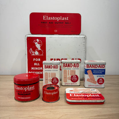Vintage First Aid Outfit Tin with Elastoplast and Band-Aid Tins 1950s