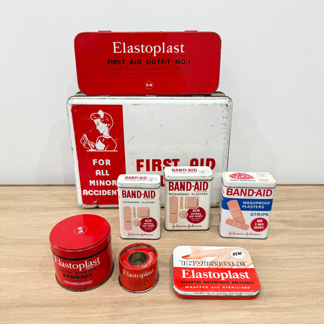 Vintage First Aid Outfit Tin with Elastoplast and Band-Aid Tins 1950s