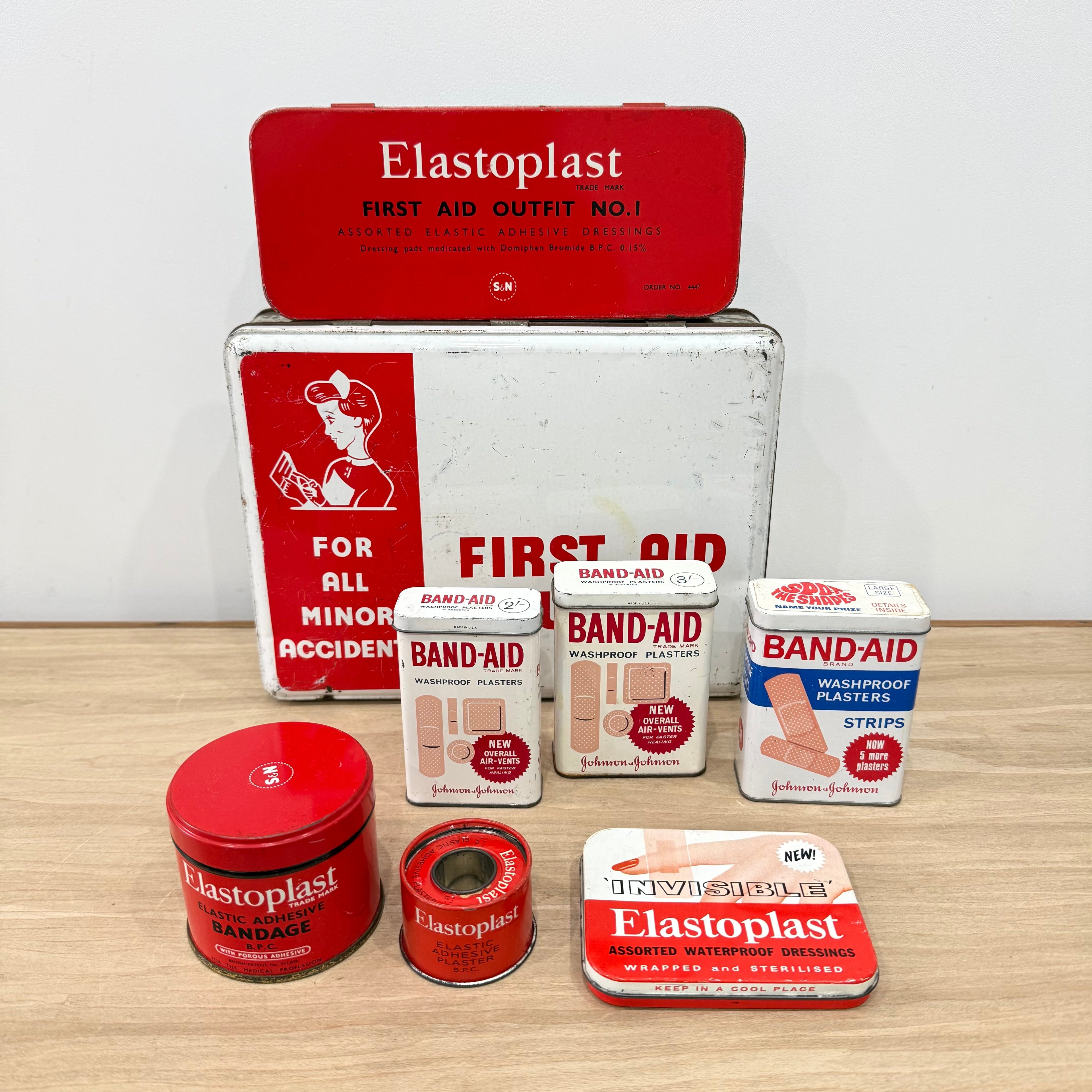 Vintage First Aid Outfit Tin with Elastoplast and Band-Aid Tins 1950s