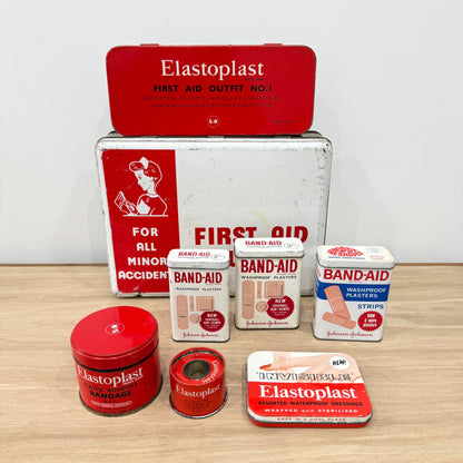 Vintage First Aid Outfit Tin with Elastoplast and Band-Aid Tins 1950s