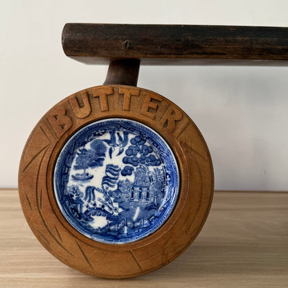 Vintage Treen Butter Dish Blue Willow Ceramic Insert Carved