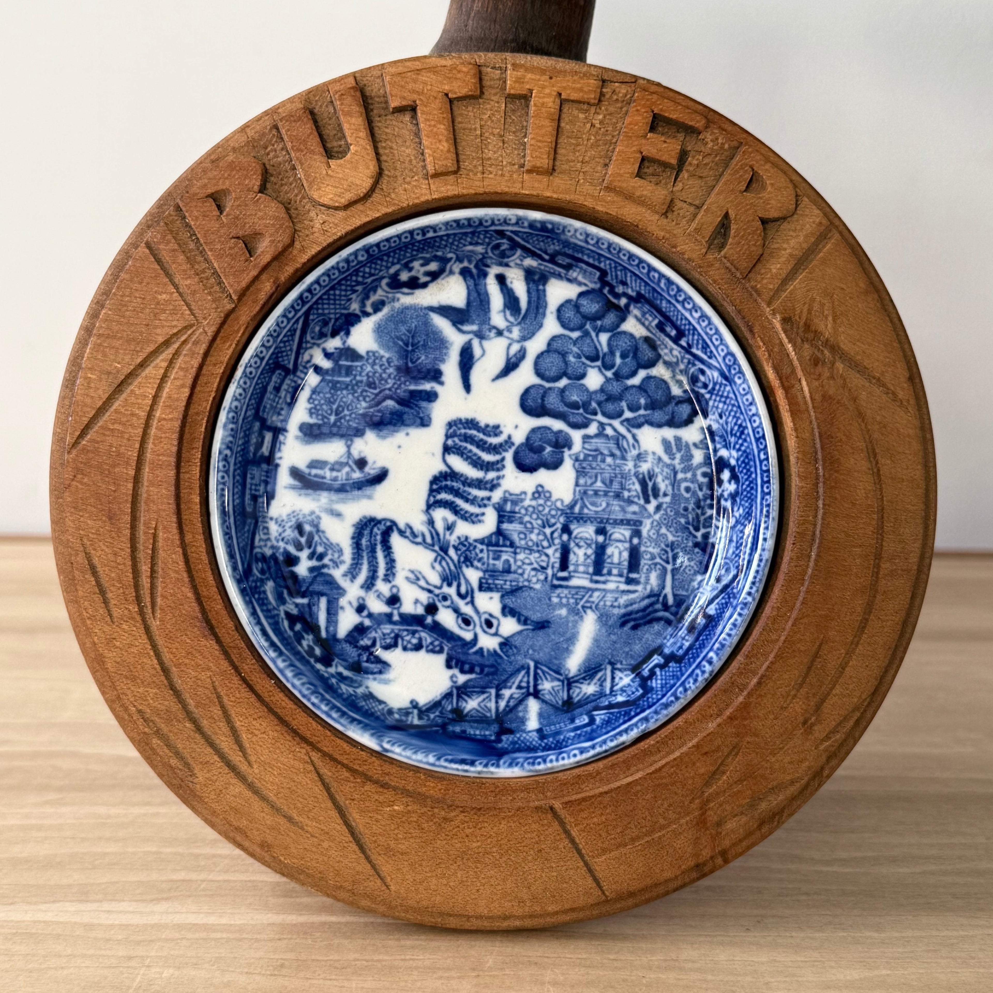 Vintage Treen Butter Dish Blue Willow Ceramic Insert Carved