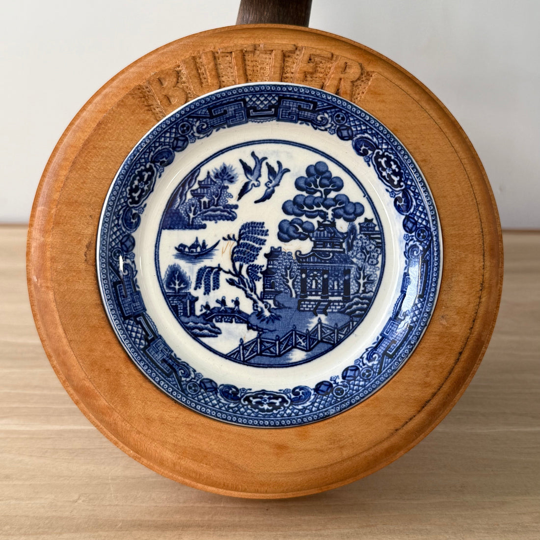 Vintage Wooden Butter Dish Base with Blue &amp; White Willow Insert England