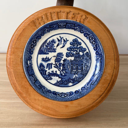 Vintage Wooden Butter Dish Base with Blue &amp; White Willow Insert England