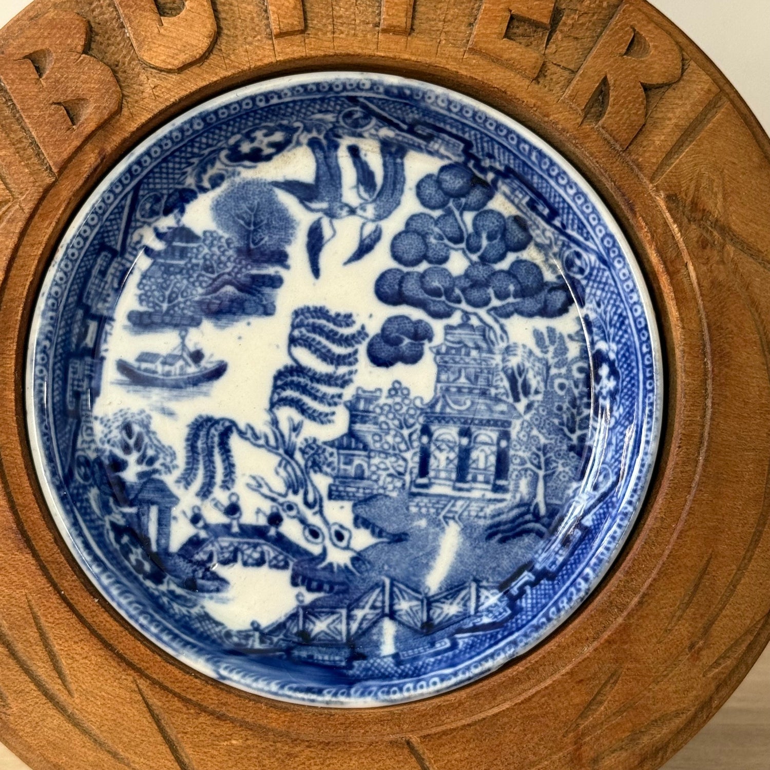 Vintage Treen Butter Dish Blue Willow Ceramic Insert Carved