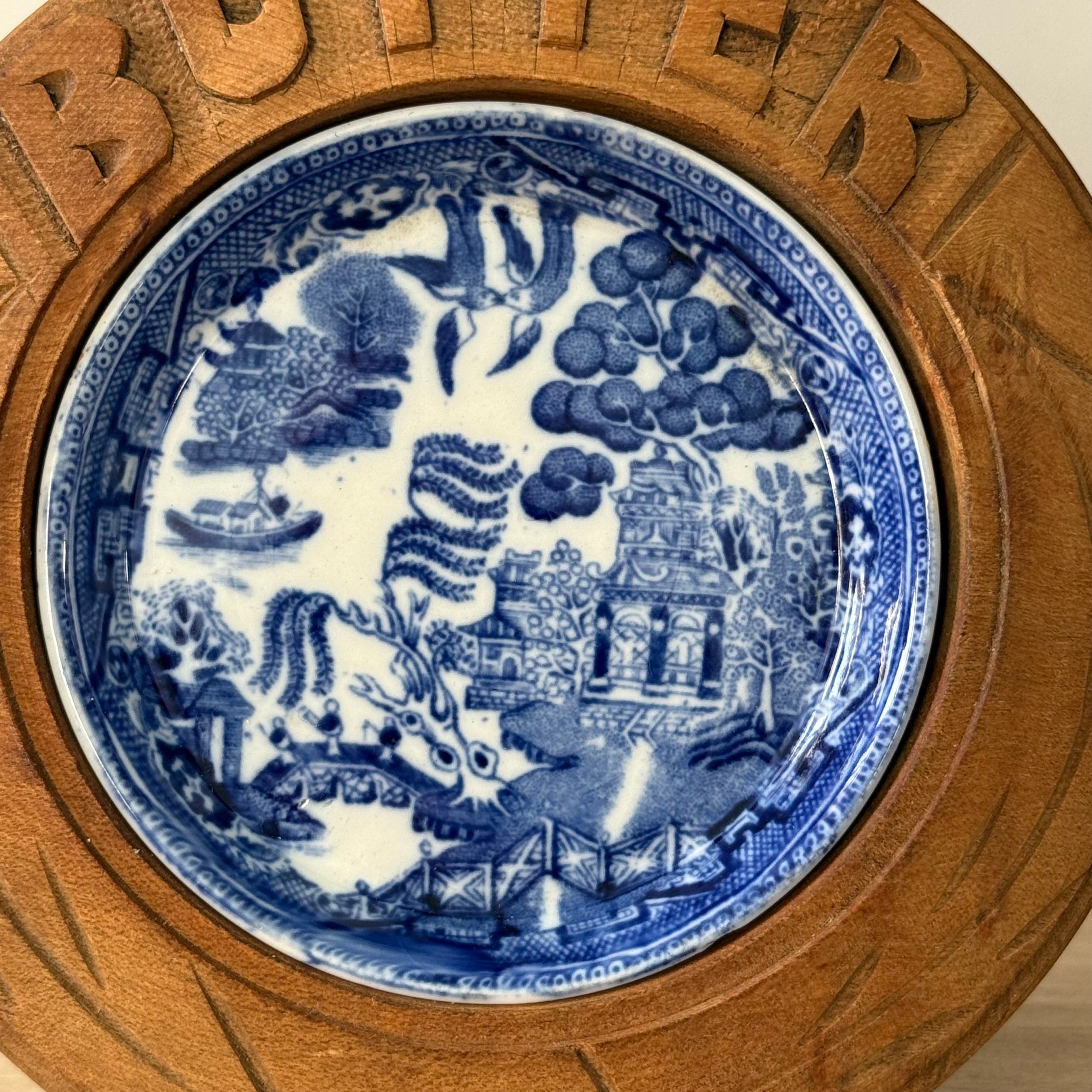 Vintage Treen Butter Dish Blue Willow Ceramic Insert Carved