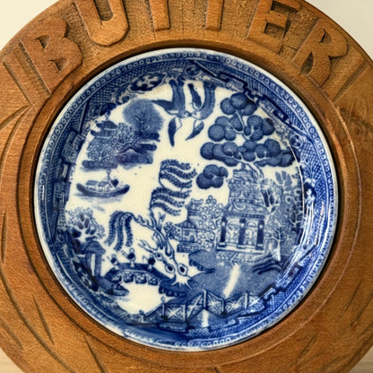Vintage Treen Butter Dish Blue Willow Ceramic Insert Carved