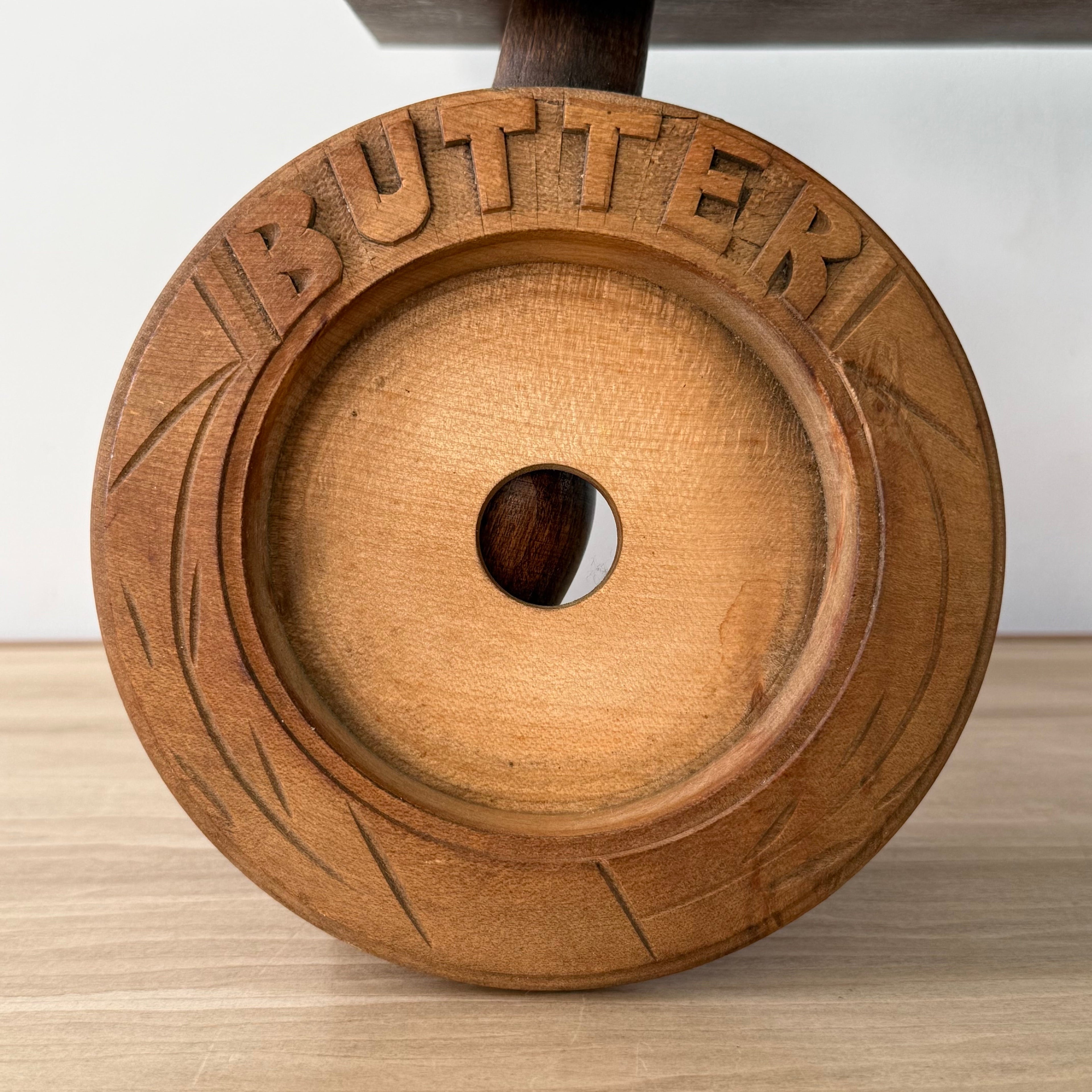 Vintage Treen Butter Dish Blue Willow Ceramic Insert Carved