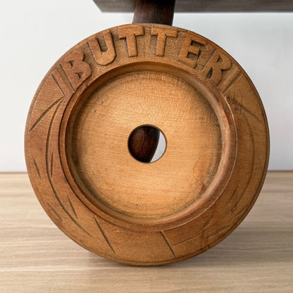 Vintage Treen Butter Dish Blue Willow Ceramic Insert Carved