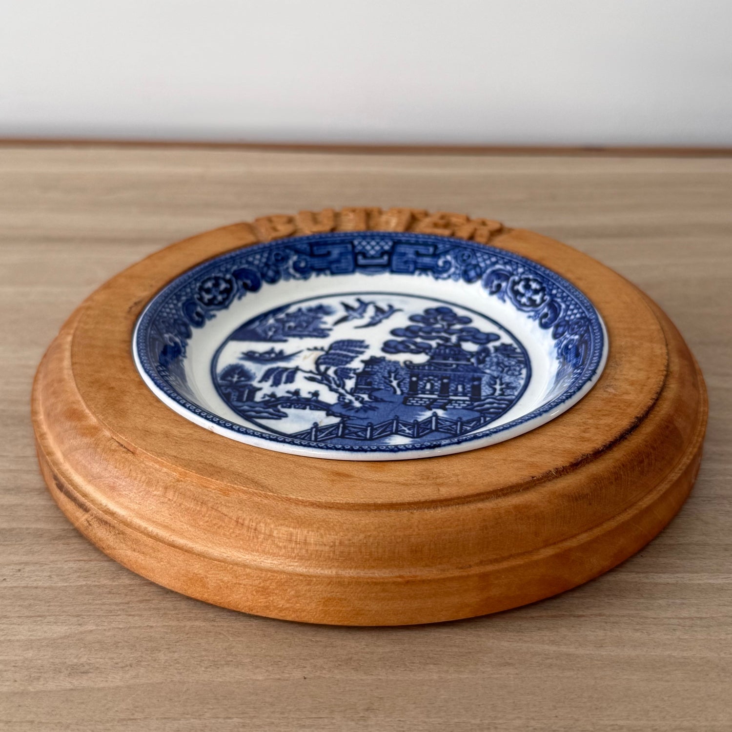 Vintage Wooden Butter Dish Base with Blue &amp; White Willow Insert England