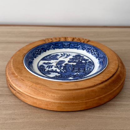 Vintage Wooden Butter Dish Base with Blue &amp; White Willow Insert England