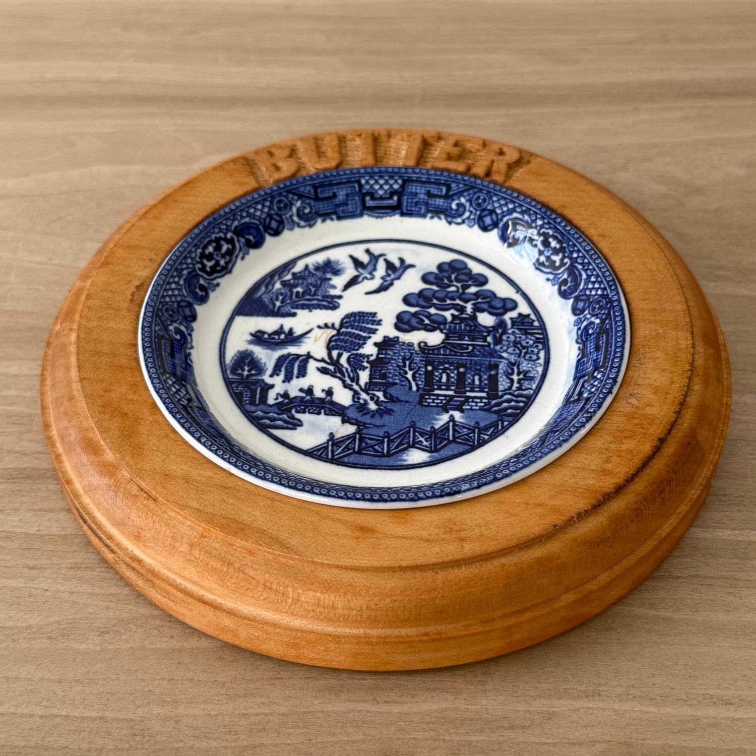 Vintage Wooden Butter Dish Base with Blue &amp; White Willow Insert England