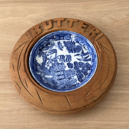 Vintage Treen Butter Dish Blue Willow Ceramic Insert Carved