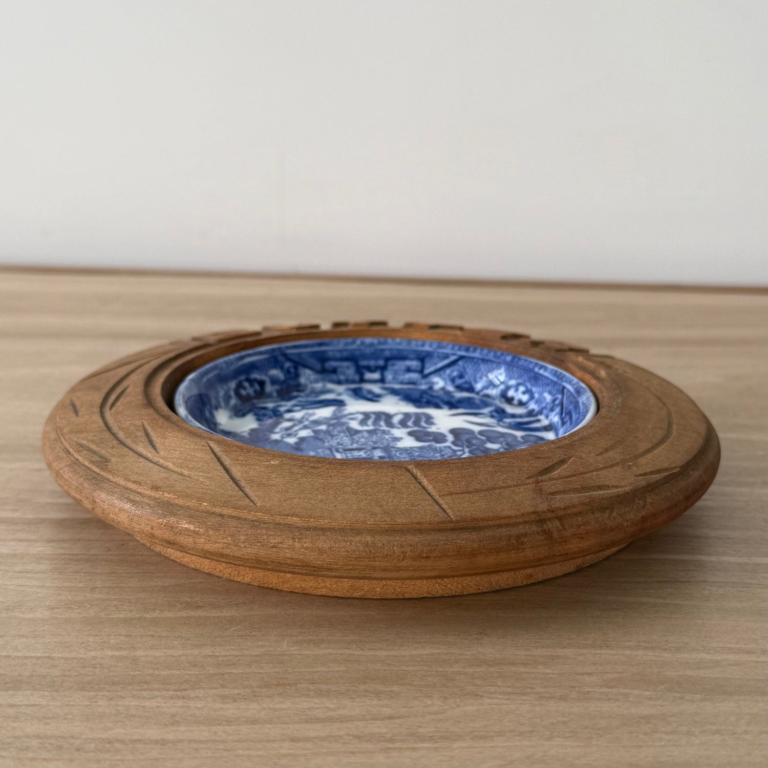 Vintage Treen Butter Dish Blue Willow Ceramic Insert Carved