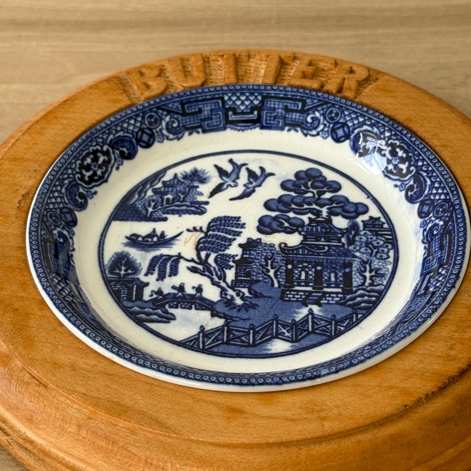 Vintage Wooden Butter Dish Base with Blue &amp; White Willow Insert England