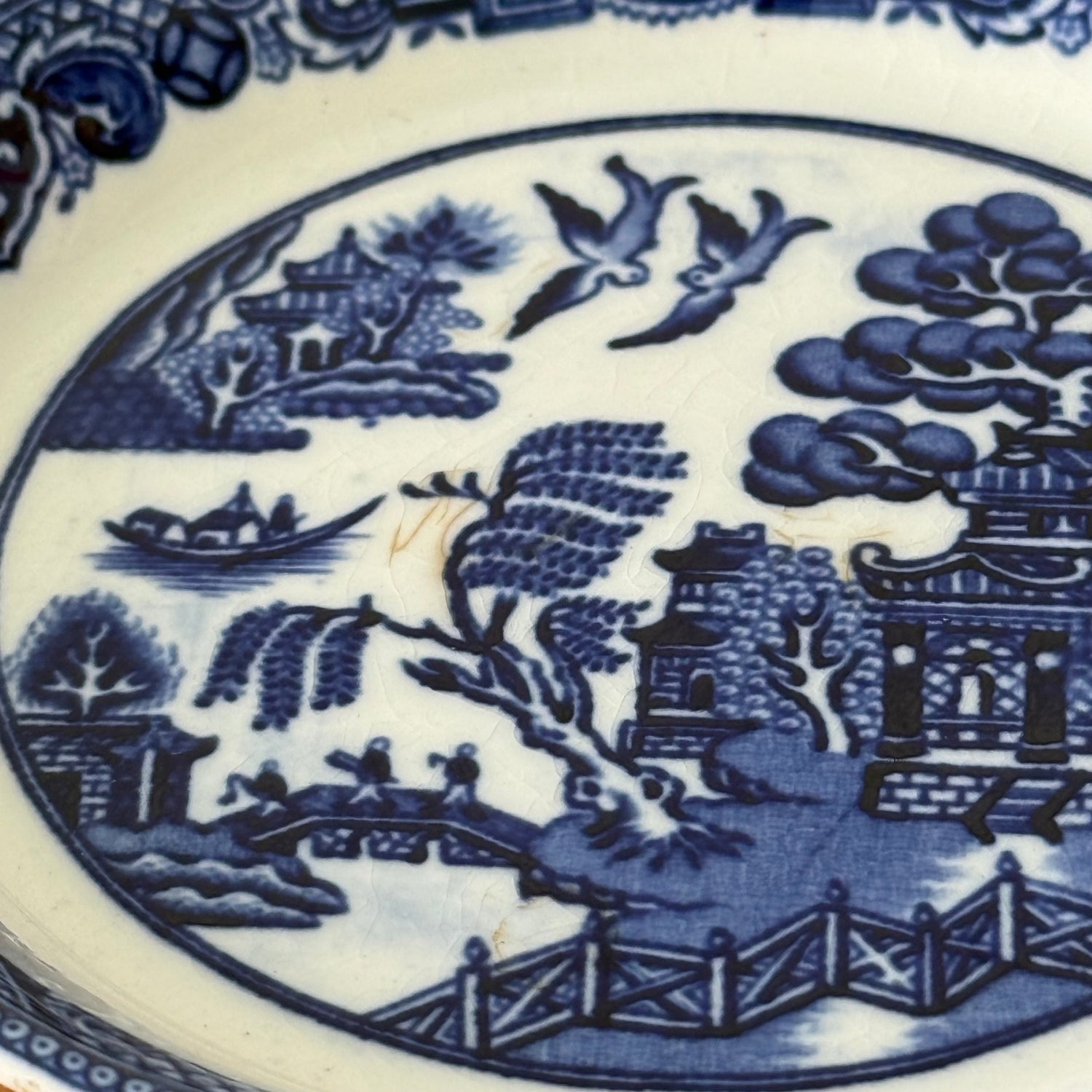 Vintage Wooden Butter Dish Base with Blue &amp; White Willow Insert England