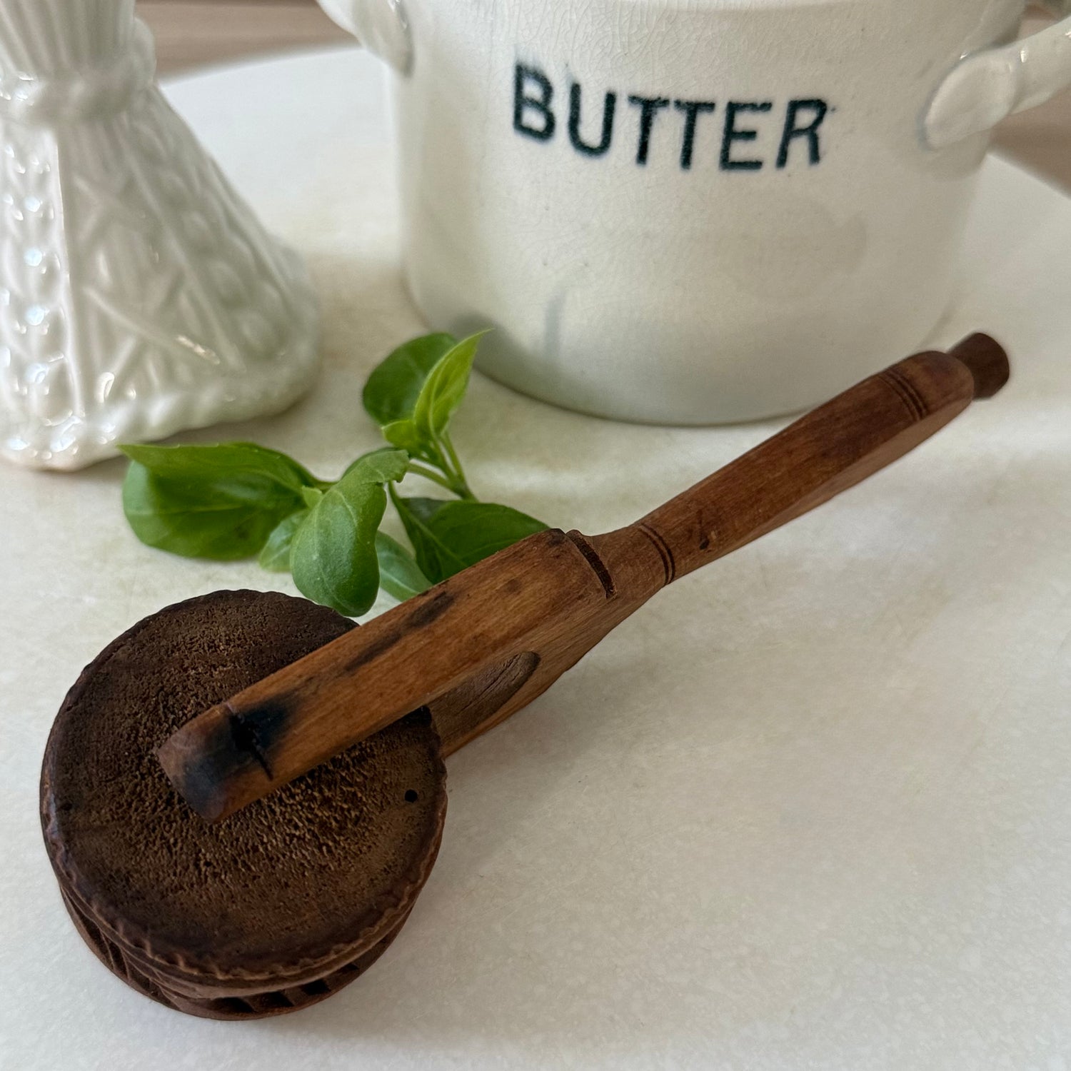 Antique Treen Wooden Butter Roller Deep Carved Leaf Print Dairy Kitchenalia