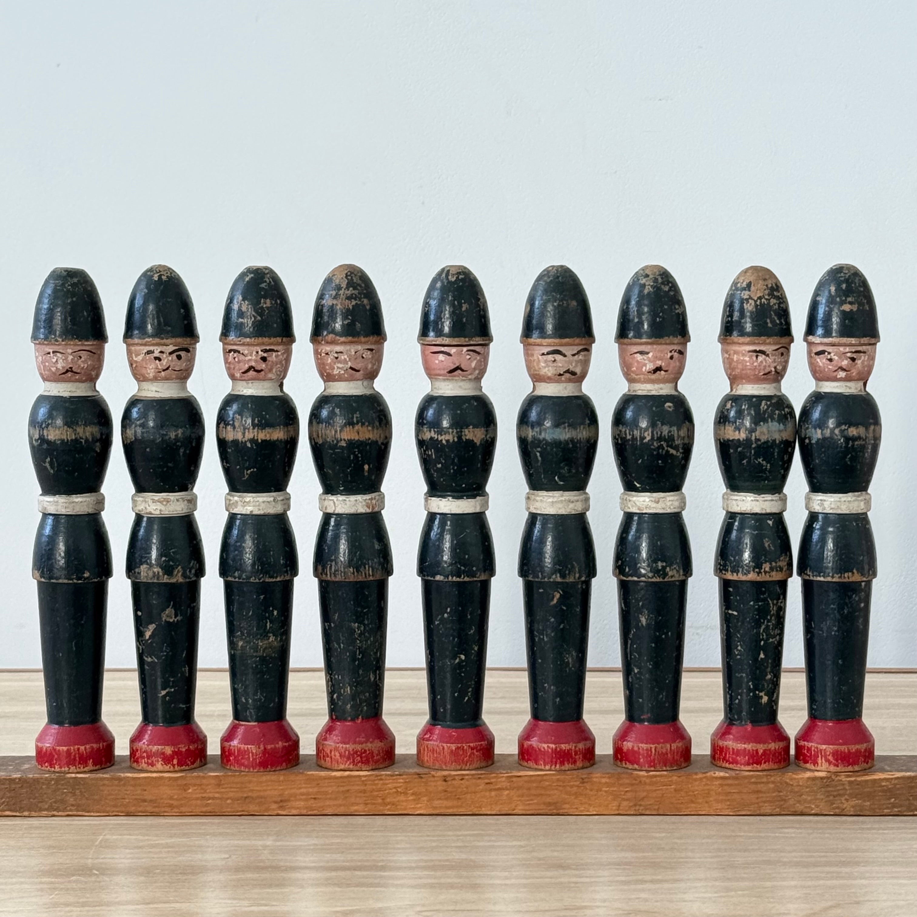 Vintage Wooden Skittles Set Hand Painted Policemen 9 Pins
