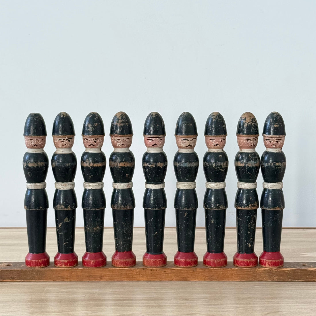 Vintage Wooden Skittles Set Hand Painted Policemen 9 Pins