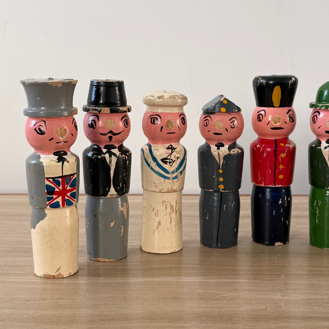Vintage Wooden Character Skittles Set 10 Pins Hand Painted Figures Ball
