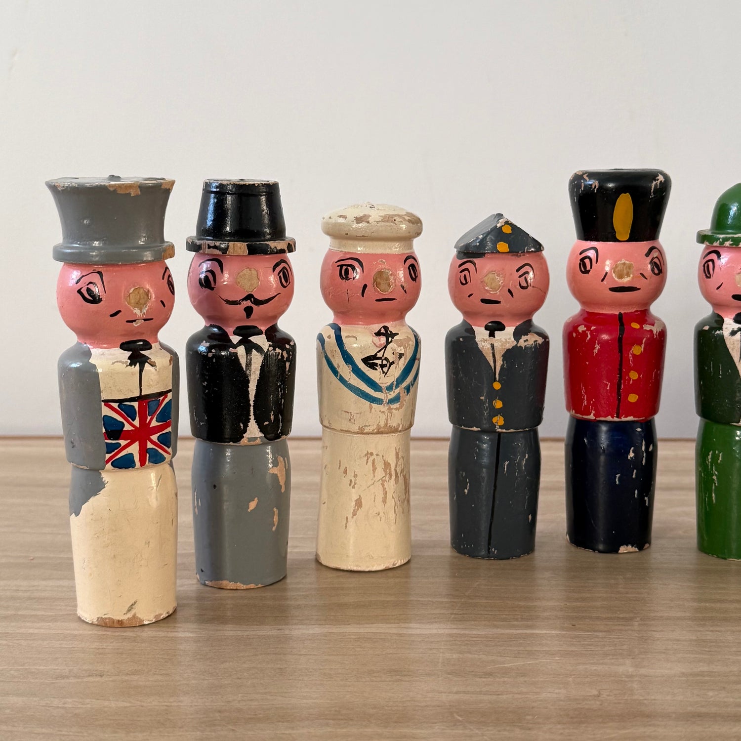 Vintage Wooden Character Skittles Set 10 Pins Hand Painted Figures Ball
