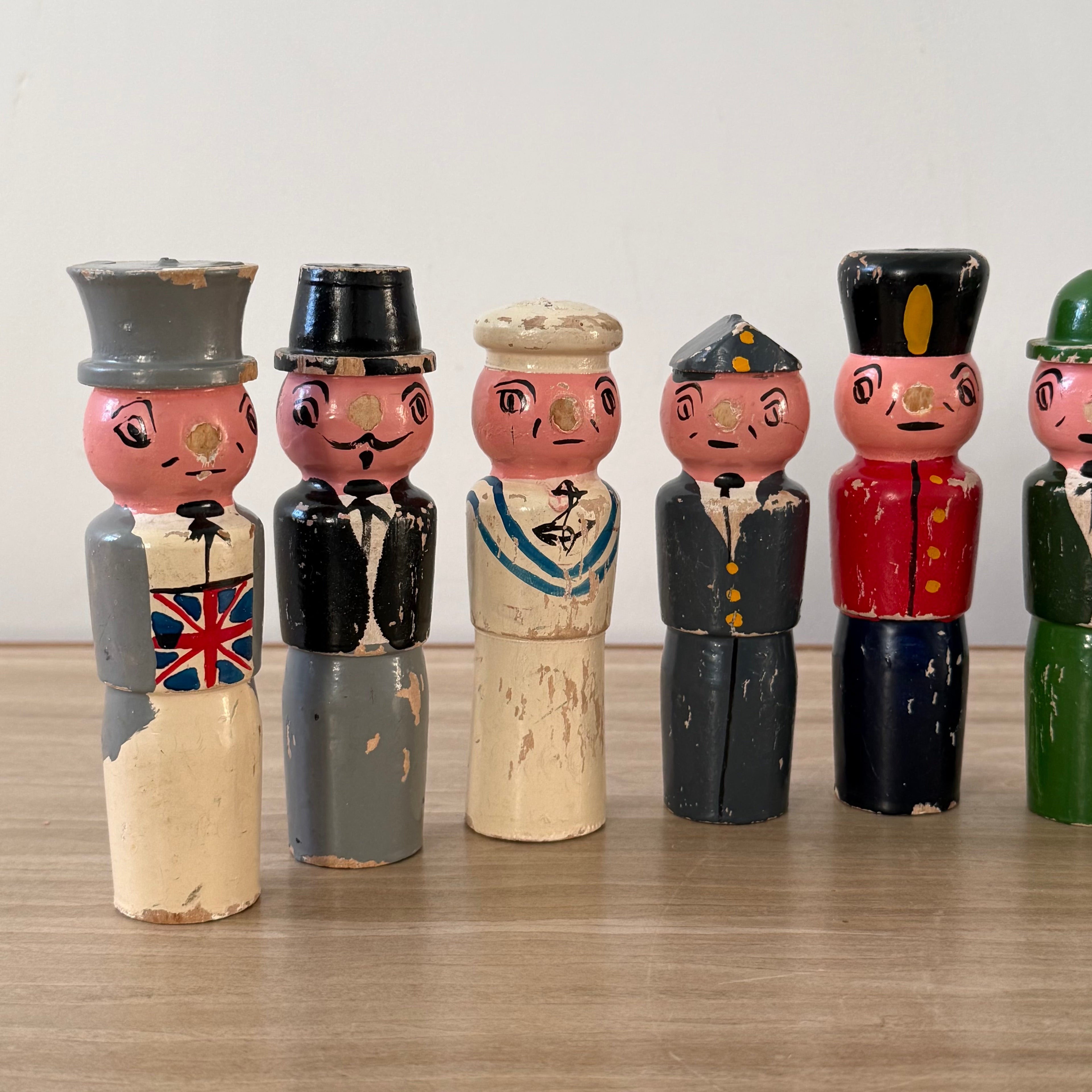 Vintage Wooden Character Skittles Set 10 Pins Hand Painted Figures Ball