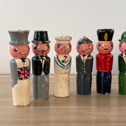 Vintage Wooden Character Skittles Set 10 Pins Hand Painted Figures Ball