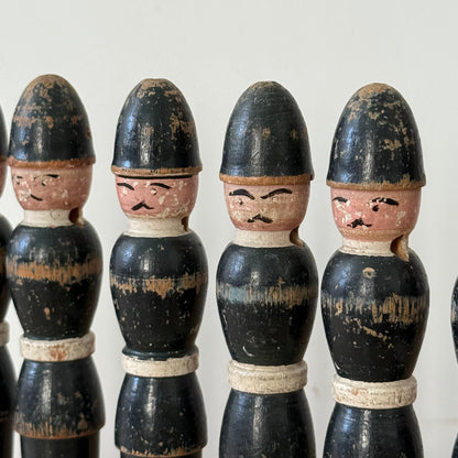 Vintage Wooden Skittles Set Hand Painted Policemen 9 Pins